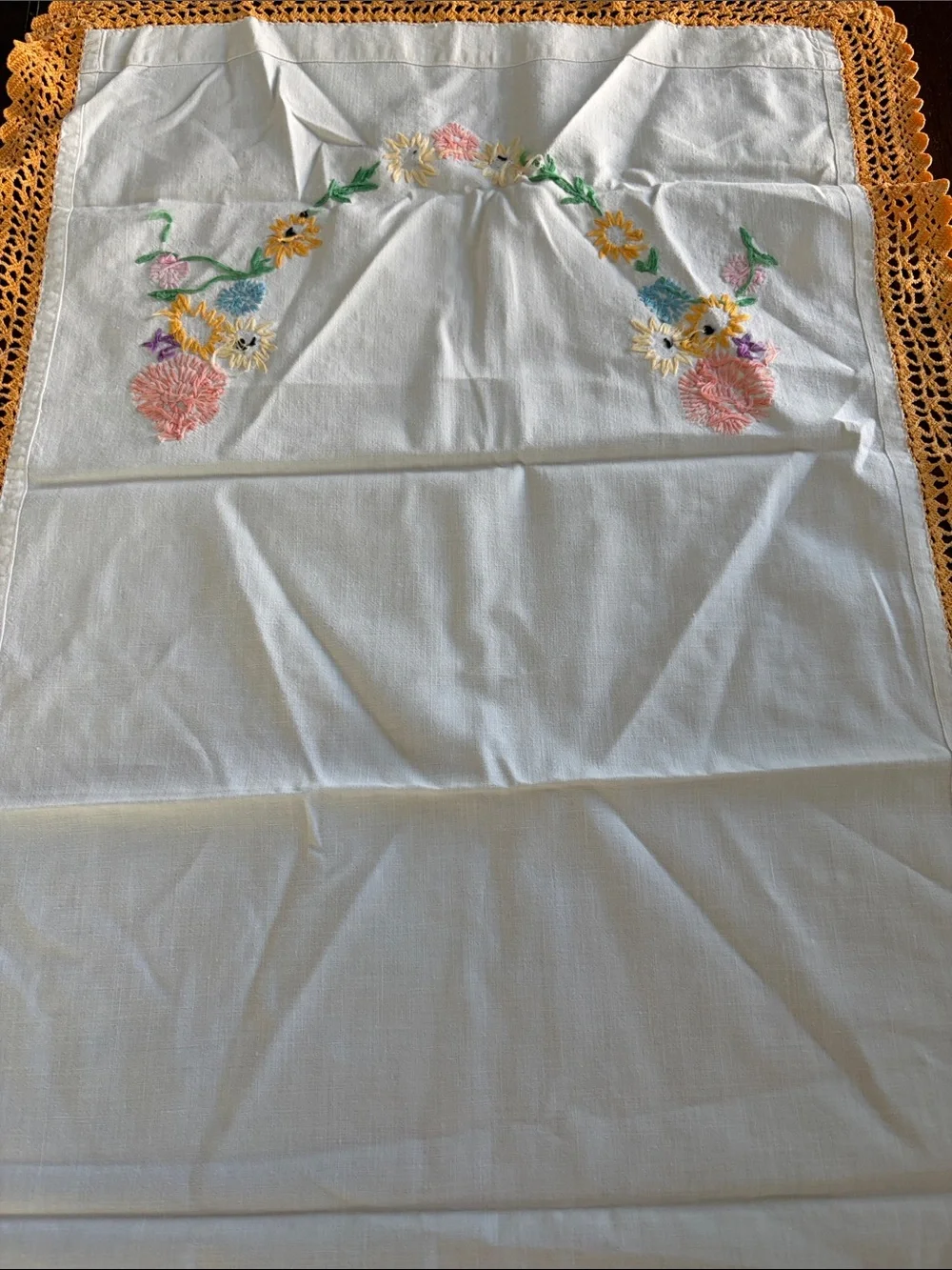 Vintage Hand-Embroidered Floral Table Runner with Orange Crochet Edge